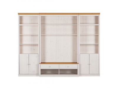 Kit com 3 estantes com portas nas laterais em Madeira Maciça – na cor branco lavado e mel | Coleção Biblioteca